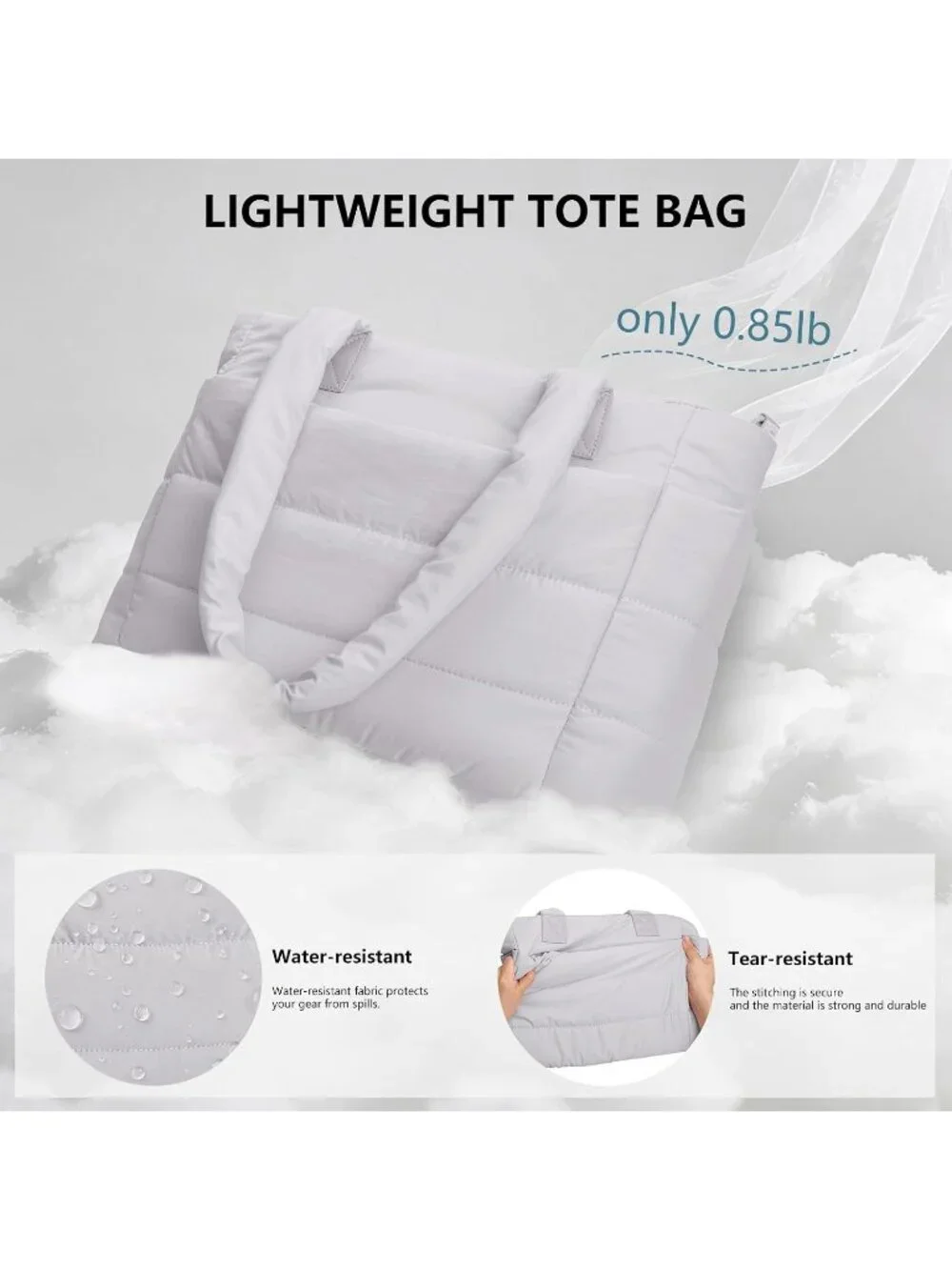 👜Women's Light Gray Quilted Puffer Tote Bag Lightweight Work For Travel Handbag